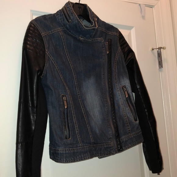 bcbg denim and leather jacket